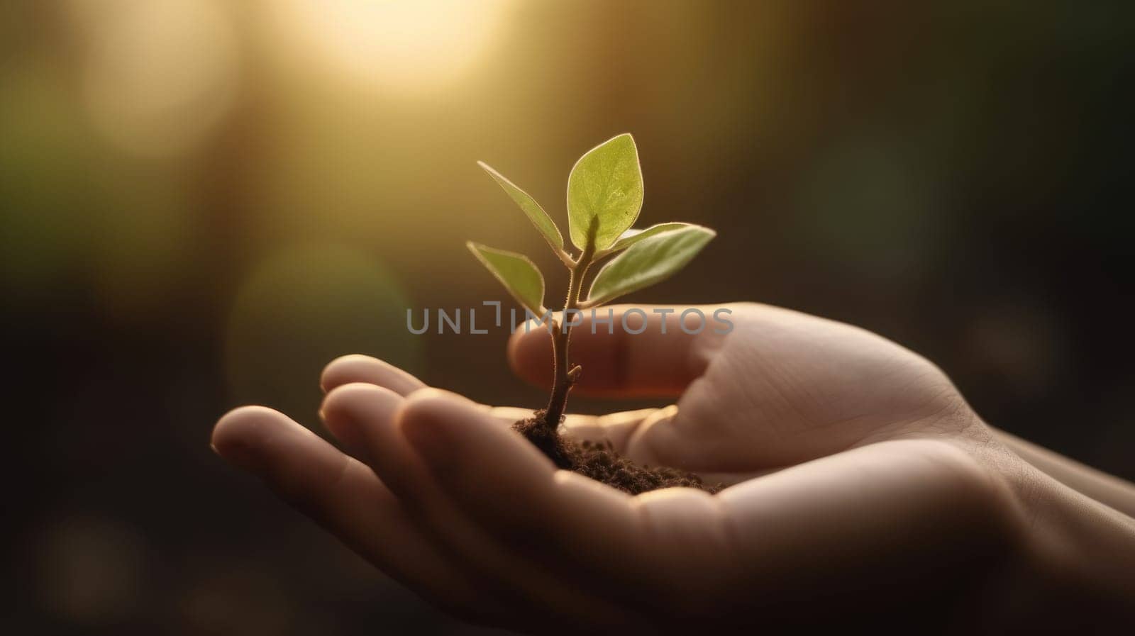 Close Up Plant in male Hands. Care of the Environment. Ecology concept. Generative AI.