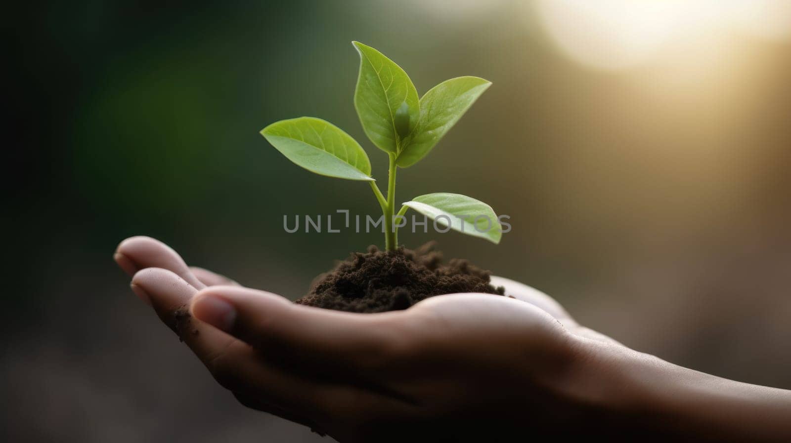 Close Up Plant in male Hands. Care of the Environment. Ecology concept. Generative AI.