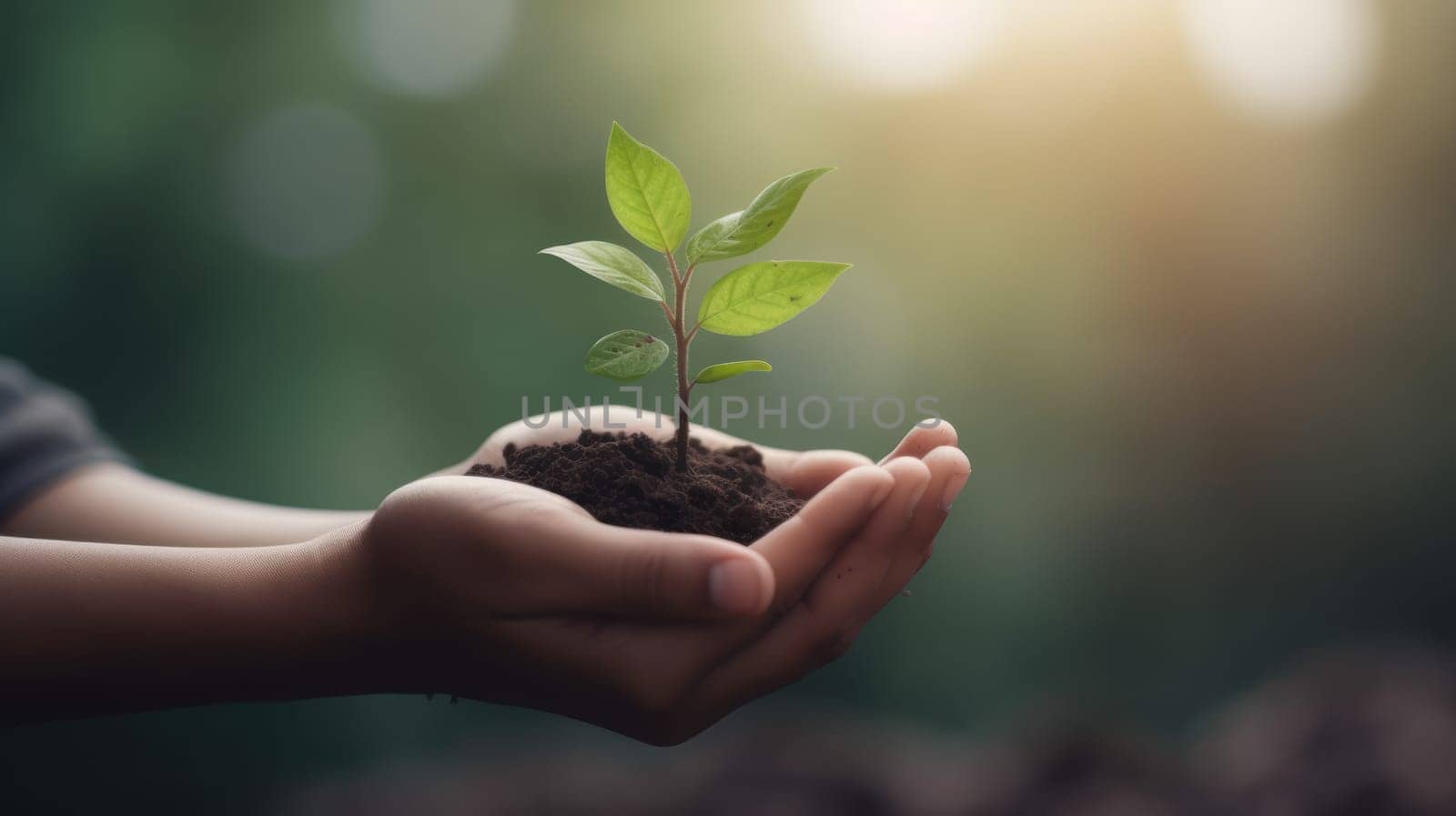 Close Up Plant in male Hands. Care of the Environment. Ecology concept. Generative AI.