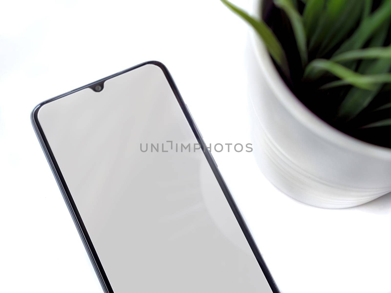 Modern minimalist workspace with black mobile smartphone mockup lies on the surface with a blank screen. Office desk table with a green plant. Top view flat lay closeup on white background.