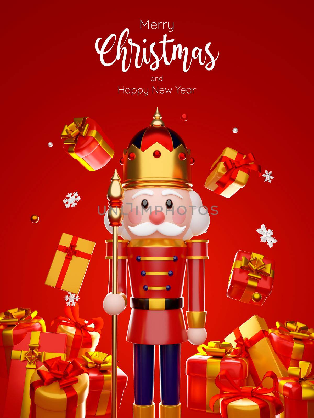 3d illustration of nutcracker with Christmas gift on red background