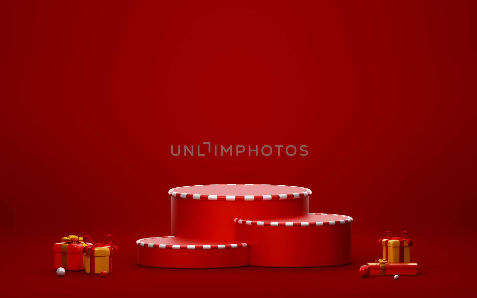 Christmas podium with gift for product advertisement, 3d illustration