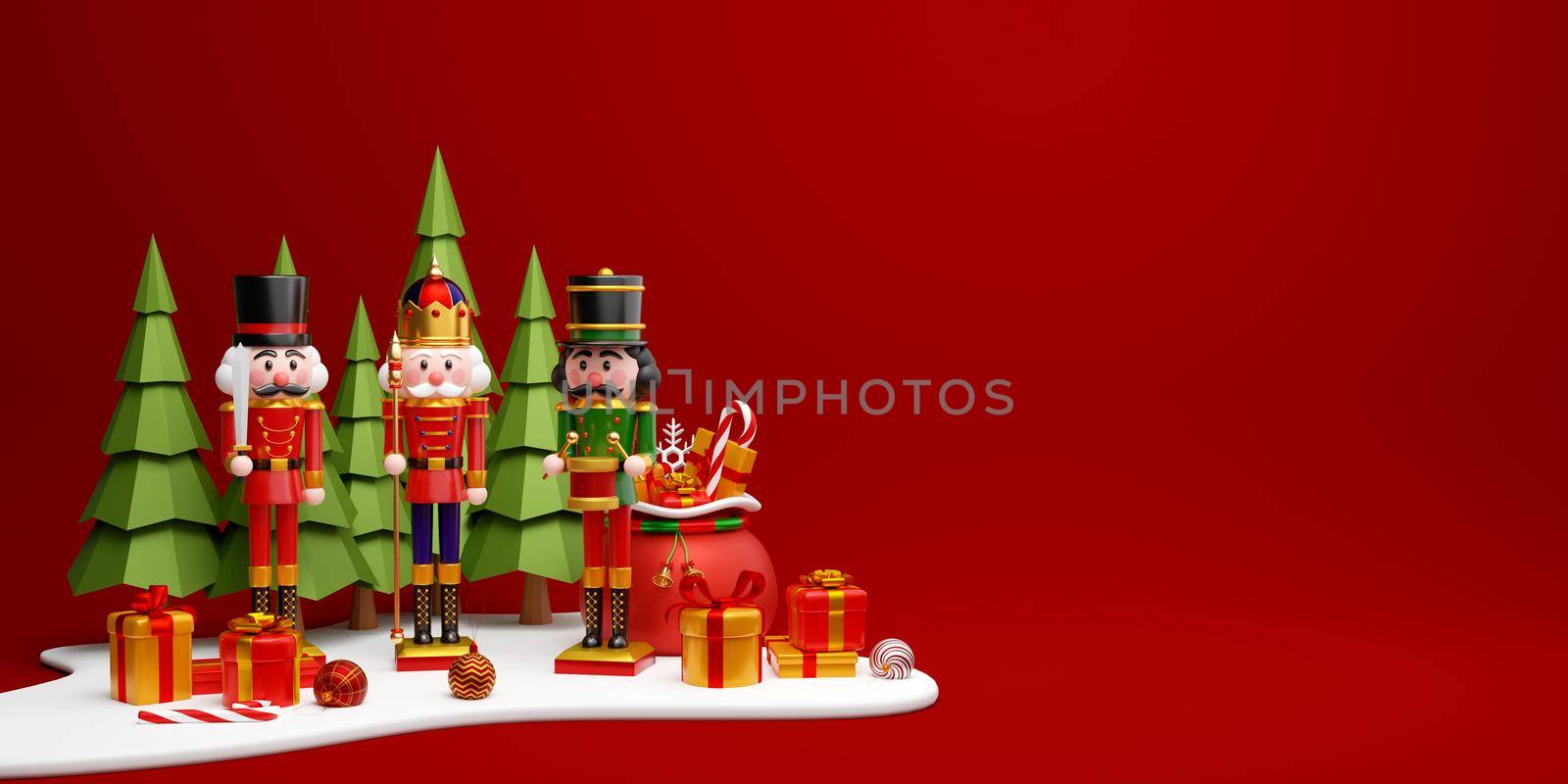 Christmas banner nutcracker with Christmas gift in pine forest, 3d illustration by nutzchotwarut