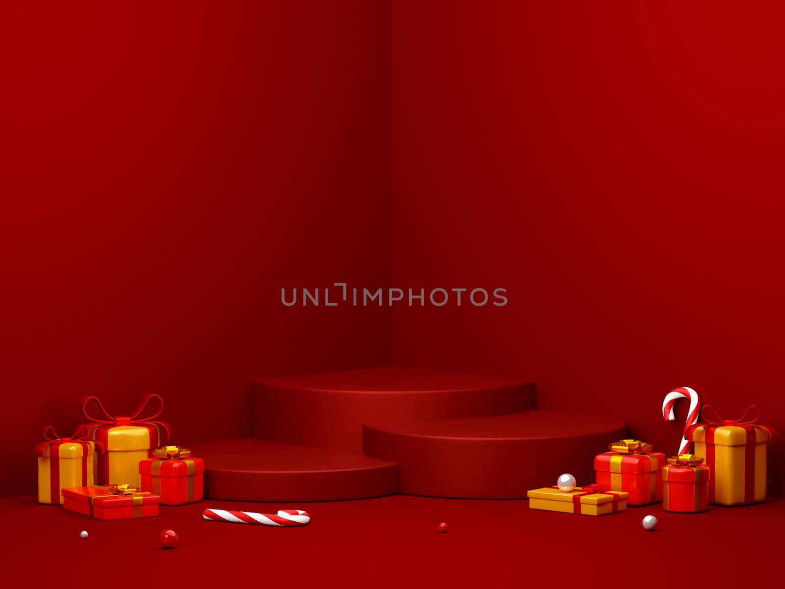Christmas podium with gift for product advertisement, 3d illustration by nutzchotwarut