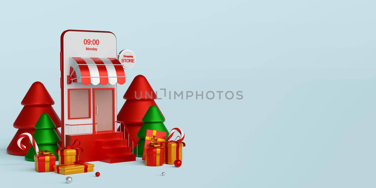 Christmas banner of Christmas shopping online on smartphone concept, 3d illustration