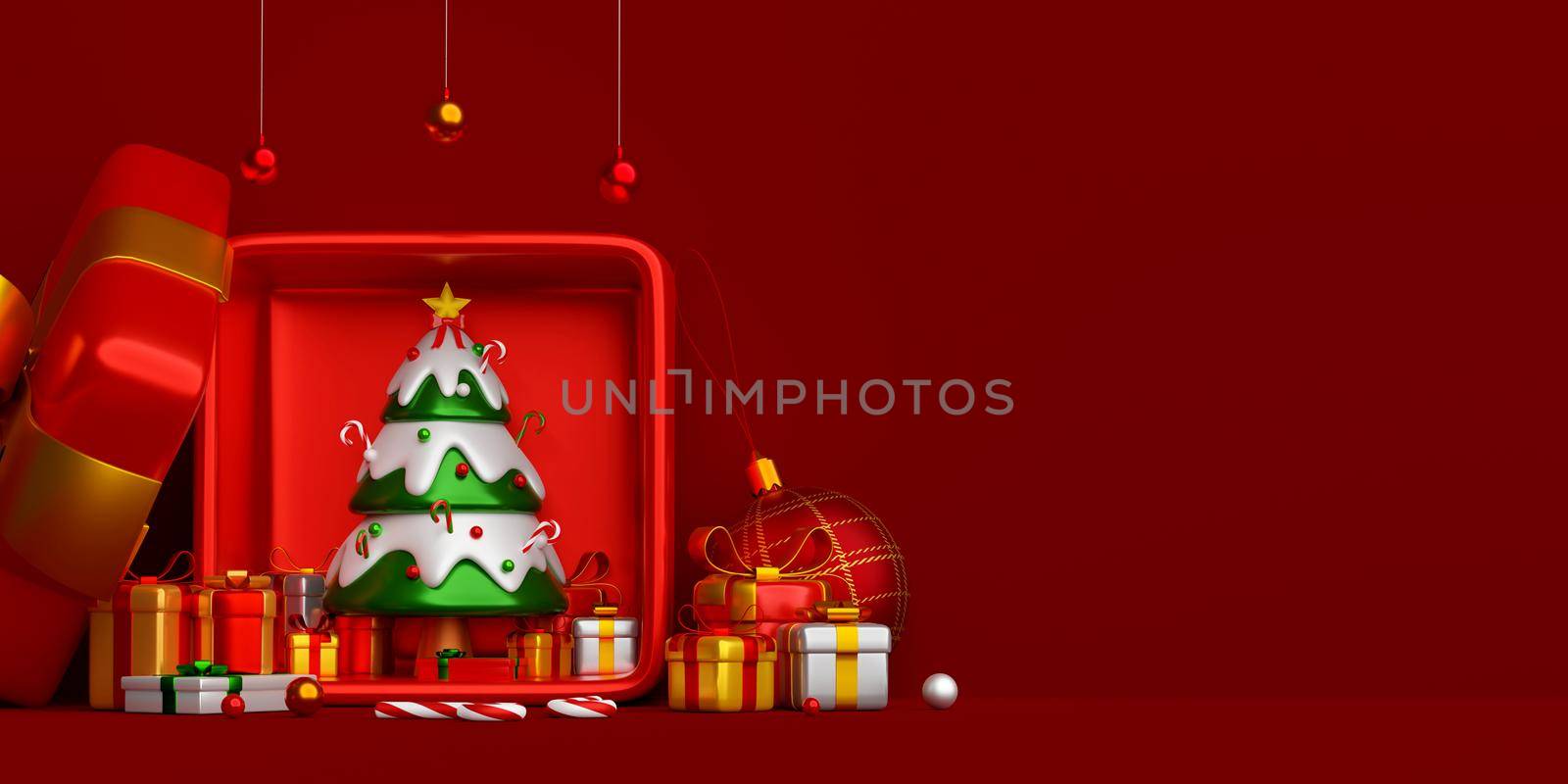 3d illustration of Christmas banner of Christmas tree and gift box on red background by nutzchotwarut