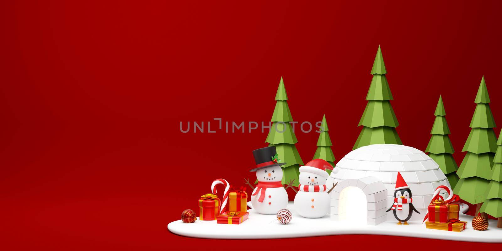 3d illustration Christmas banner of snowman and penguin in pine forest