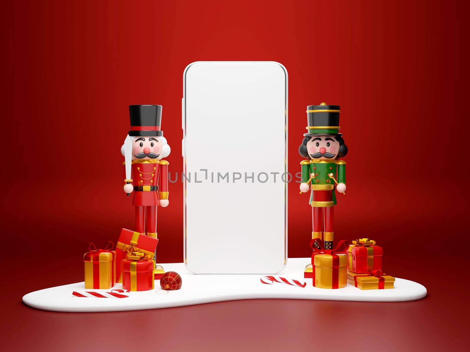 Christmas shopping online concept, Smartphone with nutcracker and Christmas gift, 3d illustration by nutzchotwarut
