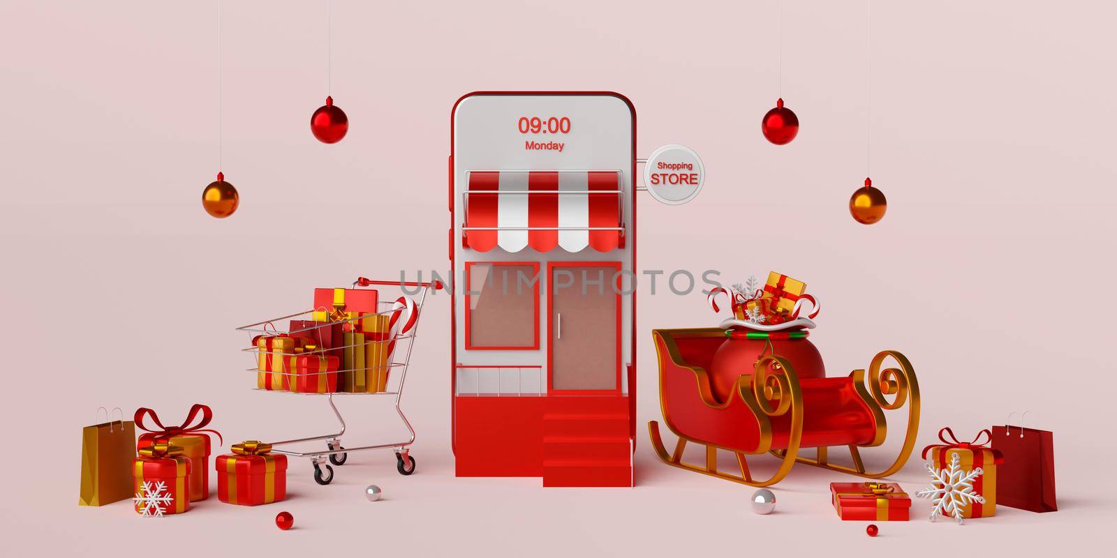 Christmas banner of Christmas shopping online on smartphone concept, 3d illustration by nutzchotwarut