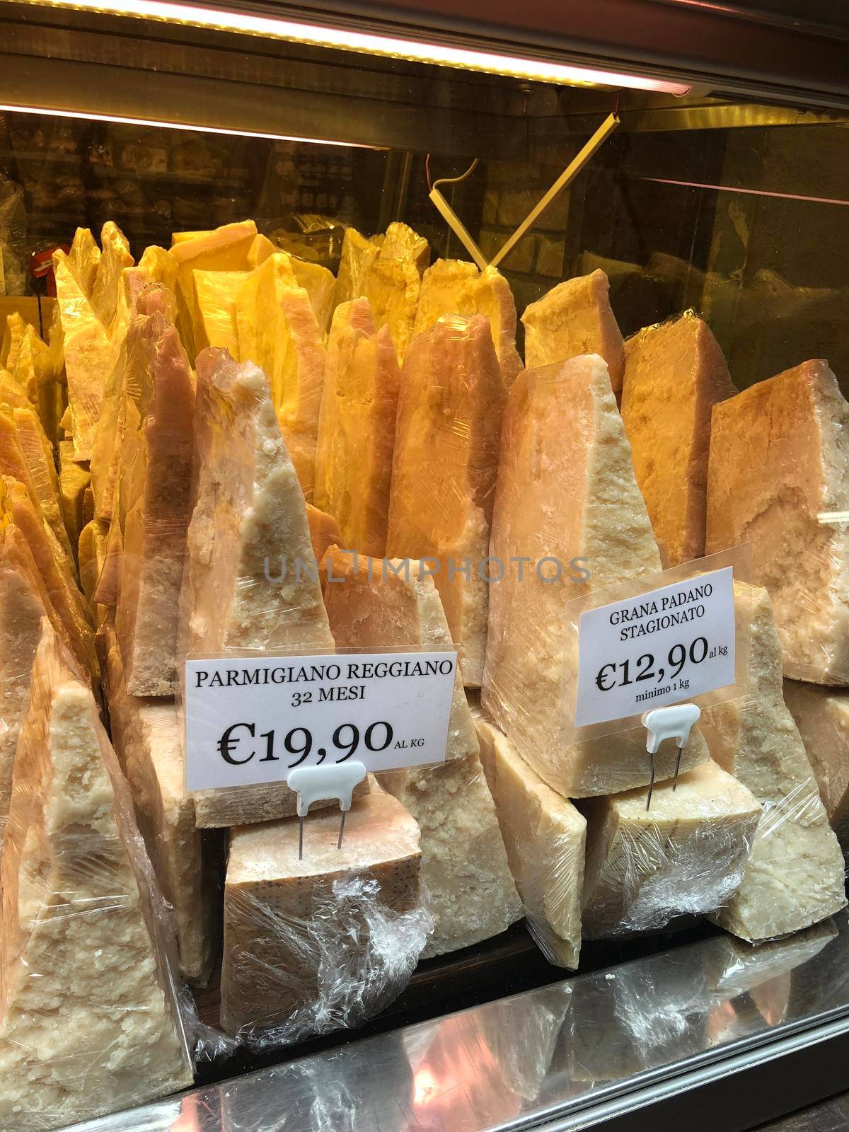 Bologna parmesan cheese shop window in Italy