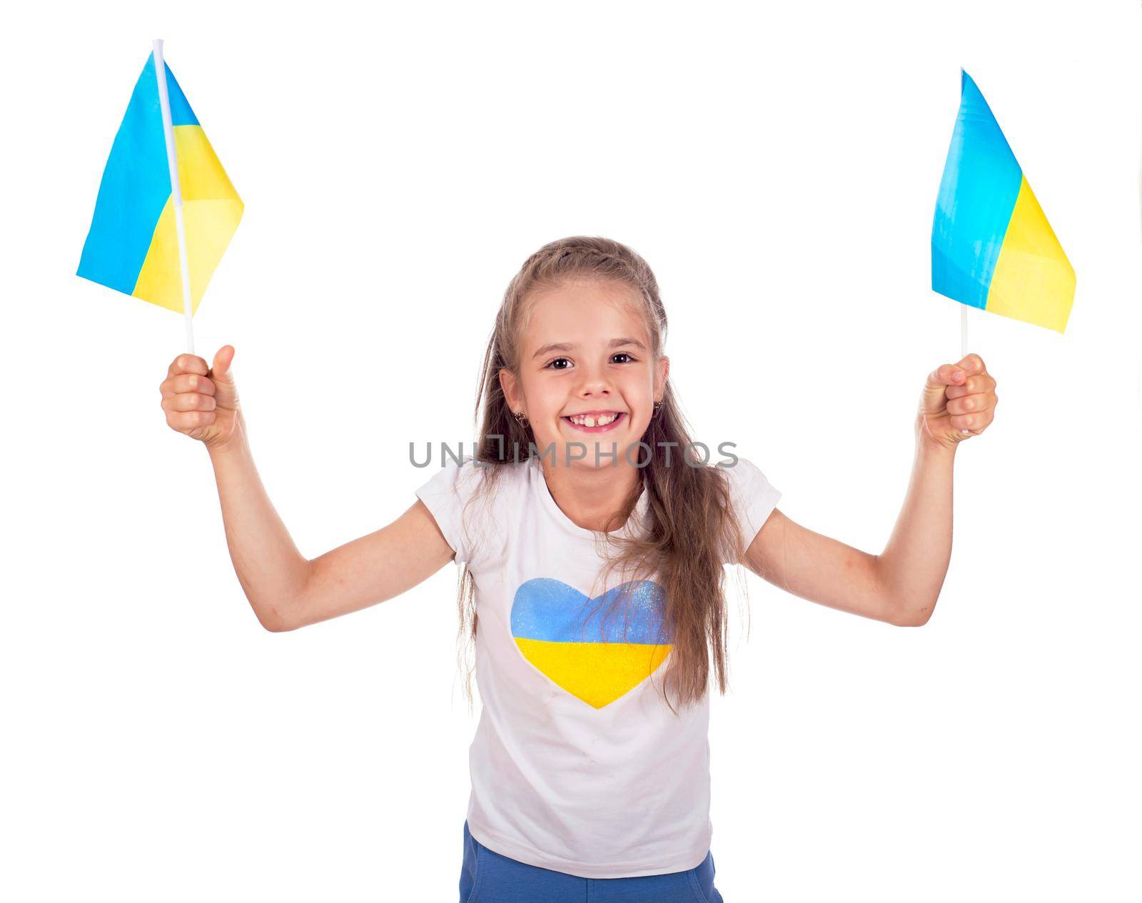 Happy young white girl holding Ukraine flag isolated by aprilphoto