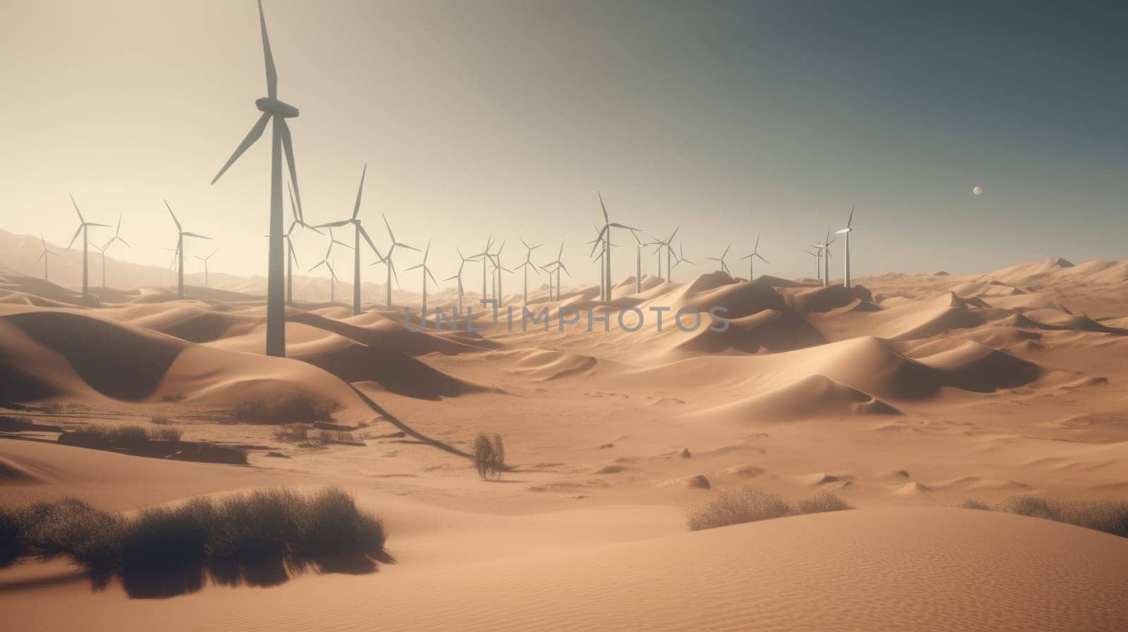 Wind turbines in the desert, renewable energy concept. Generative AI.