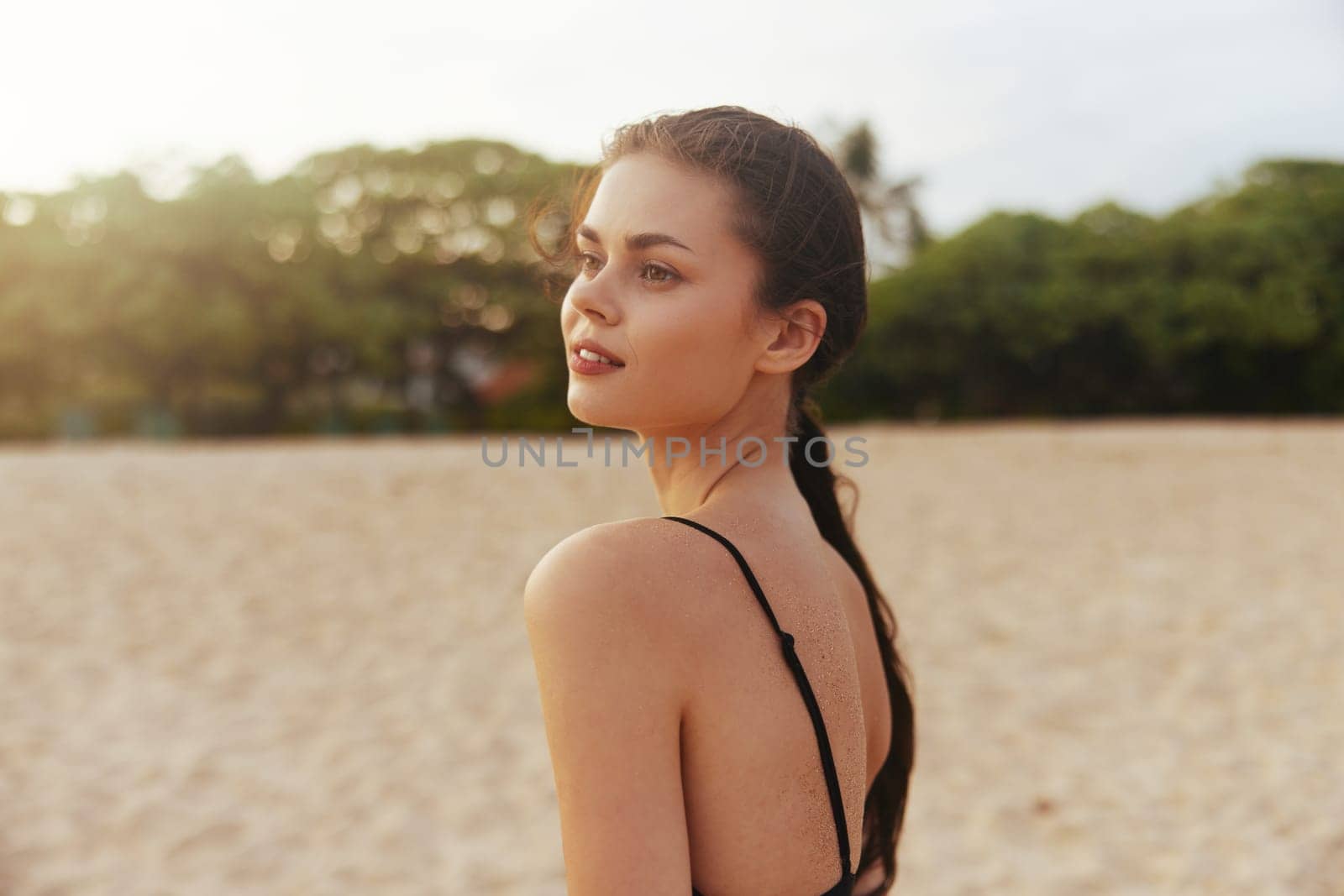copy woman sun smile space vacation holiday caucasian female shore carefree dress ocean copy-space sand summer sunset walking beach lifestyle sea smiling