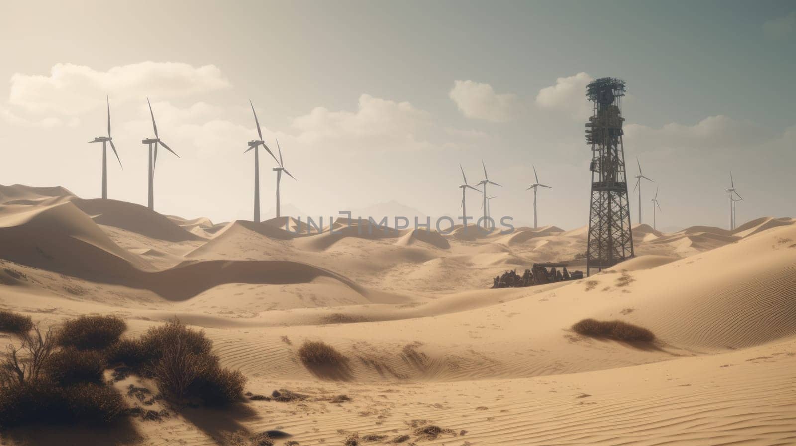 Wind turbines in the desert, renewable energy concept. Generative AI.