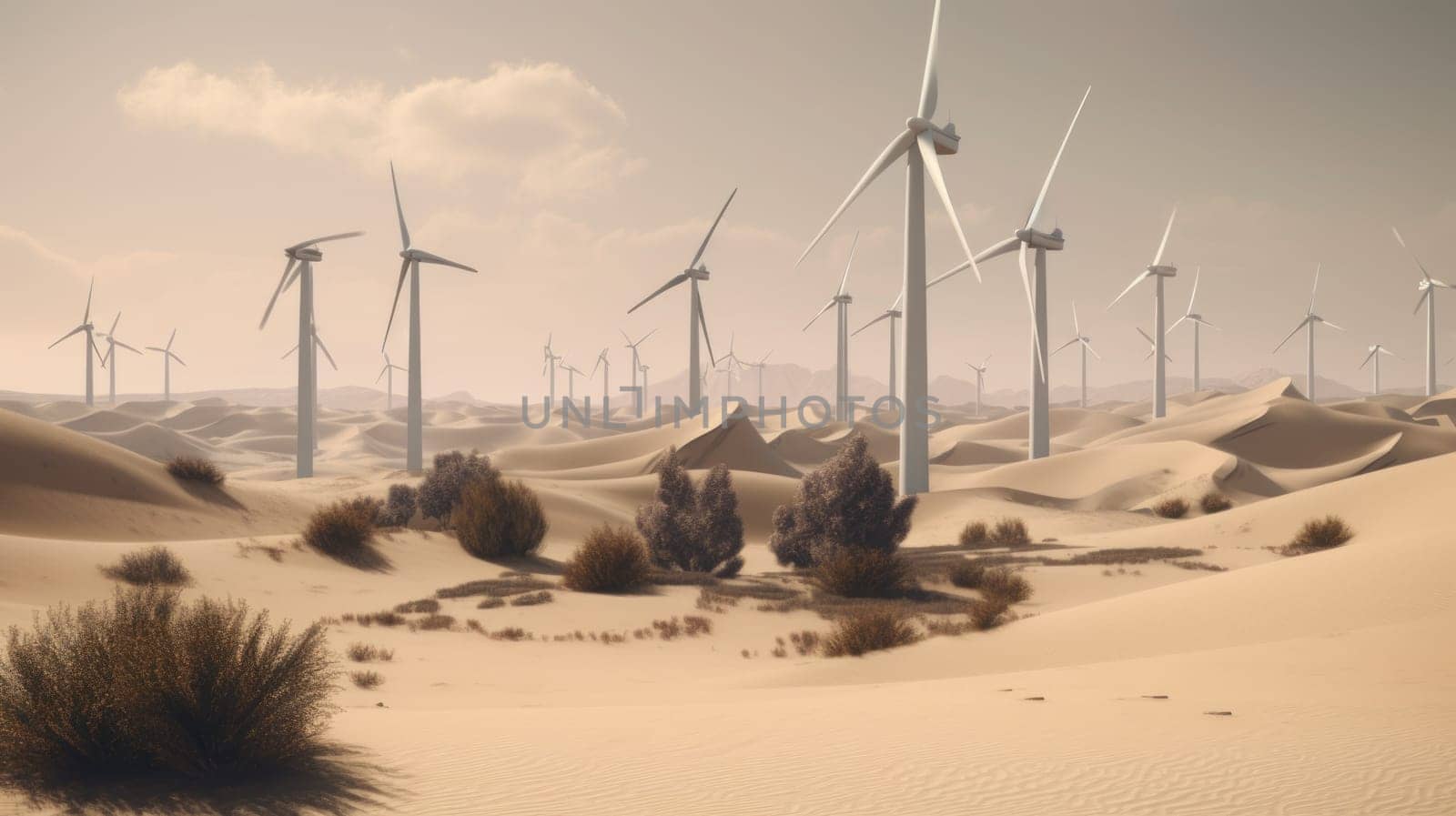 Wind turbines in the desert, renewable energy concept. Generative AI.