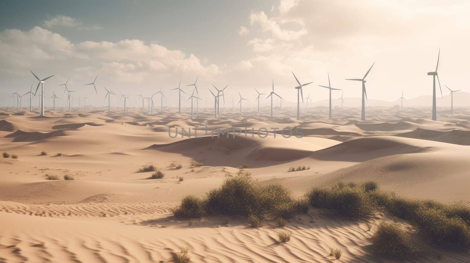 Wind turbines in the desert, renewable energy concept. Generative AI.