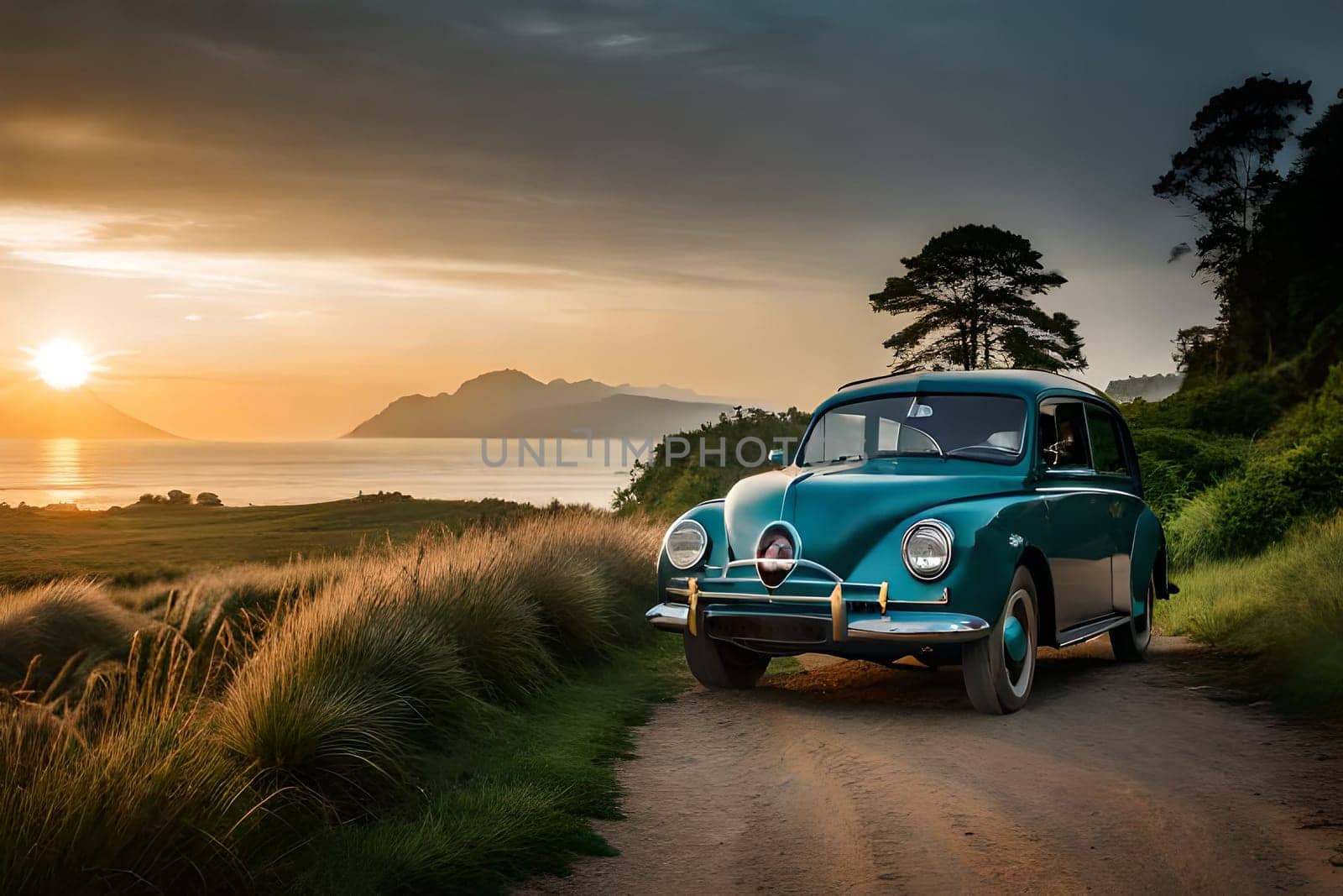 A blue car parked on a beach with a beach house in the background. A vintage car on a country road with a sunset in the background AI-generated Digital Art