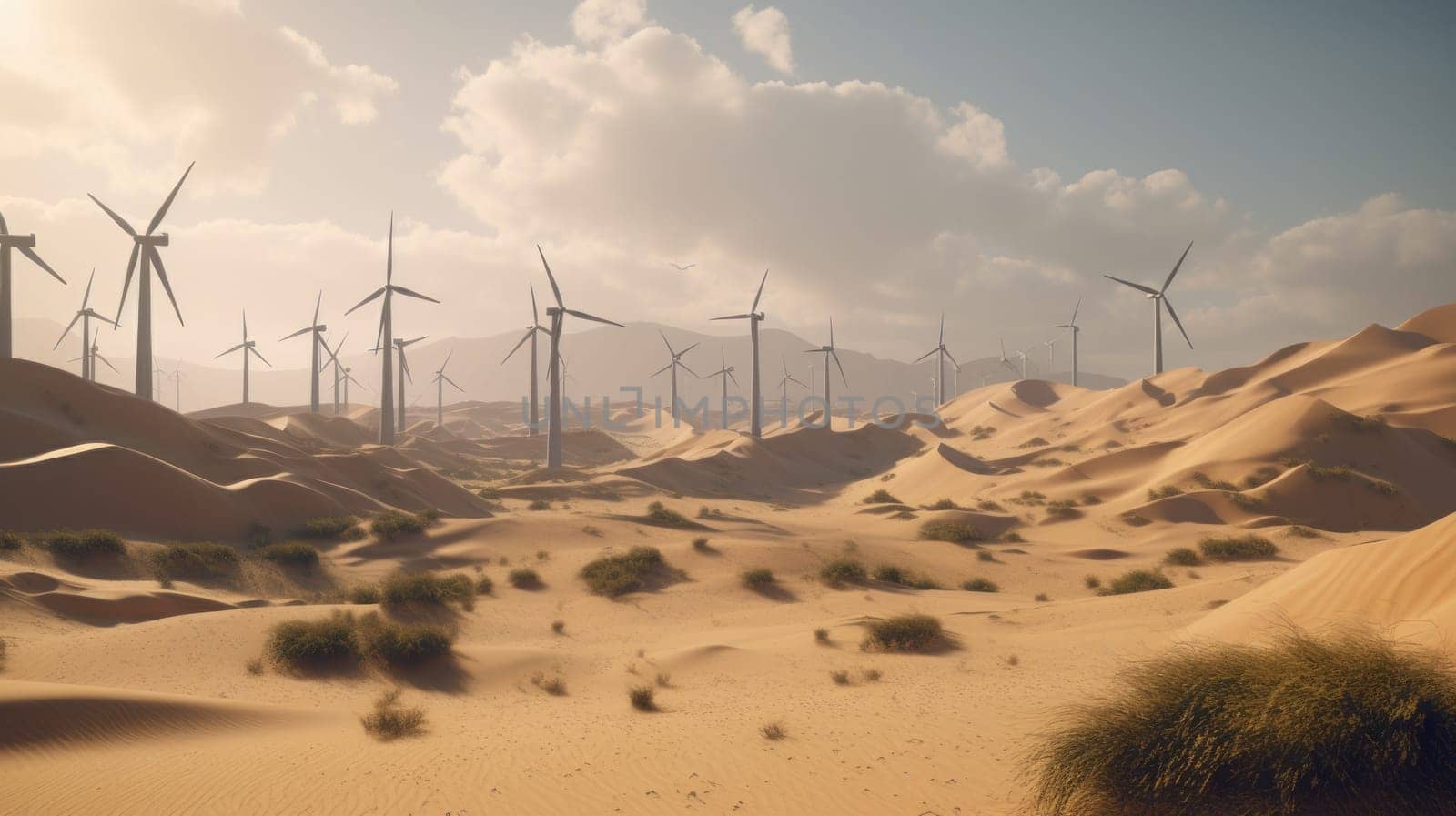 Wind turbines in the desert, renewable energy concept. Generative AI.