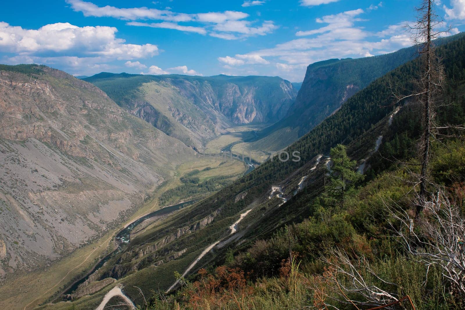 Panorama of the Katu Yaryk mountain pass and the valley of the river of Chulyshman. Altai Republic, Russia, beautiful summer day