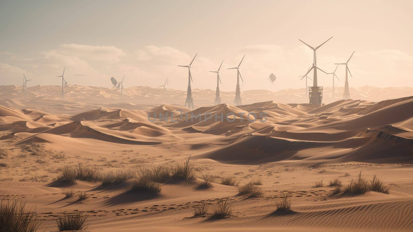 Wind turbines in the desert, renewable energy concept. Generative AI.