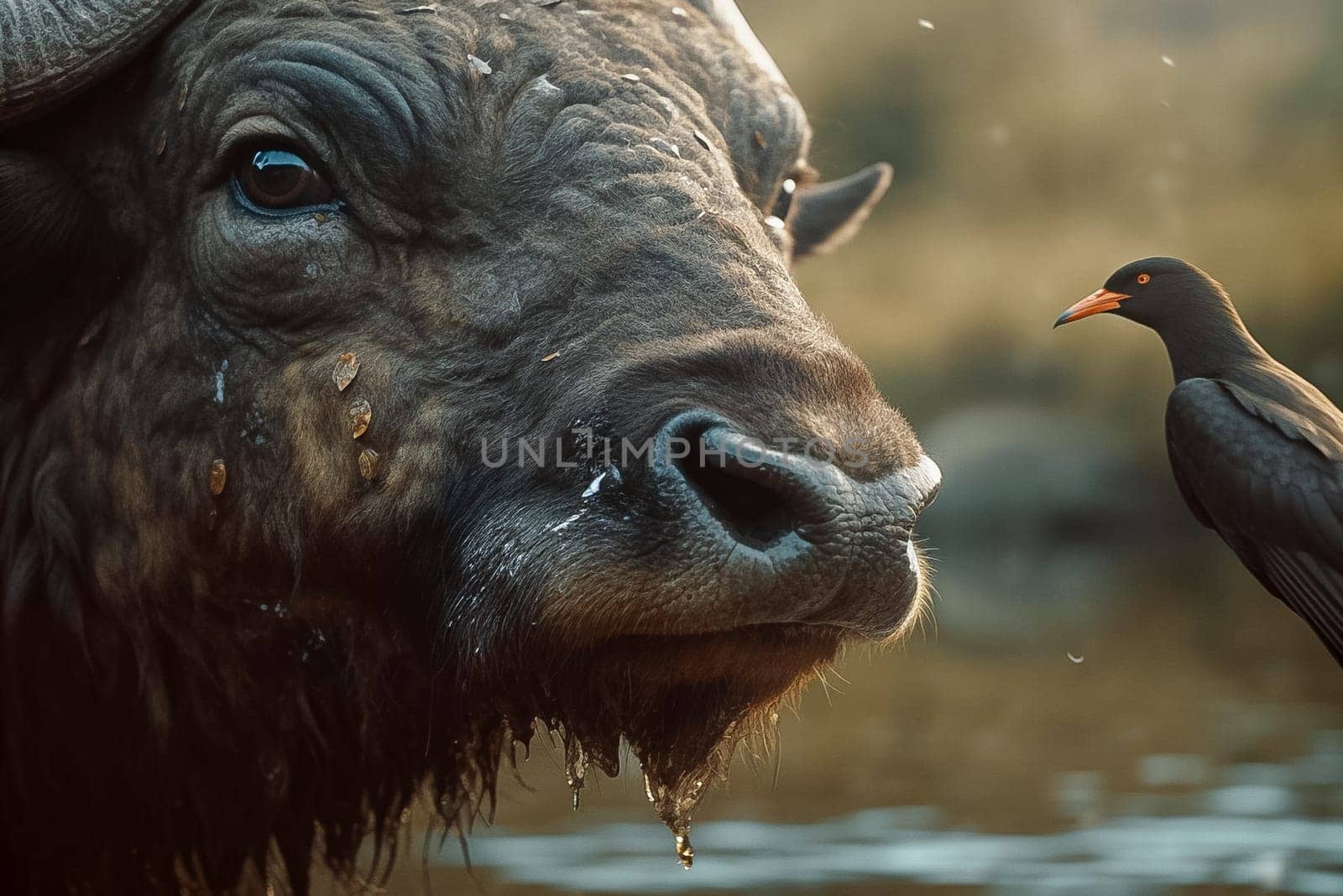 A buffalo drinks water at a watering hole, a bird is nearby, close-up. Generative AI. High quality photo