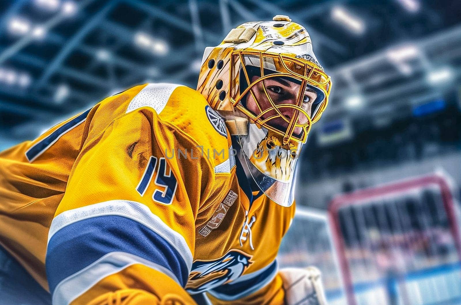 Hockey goalkeeper stands at the gate. Generative AI. High quality photo
