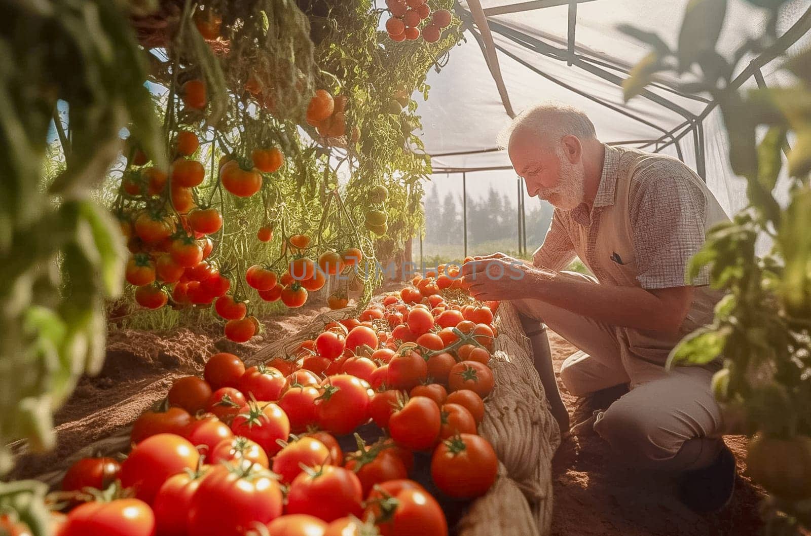 A man picks tomatoes in a greenhouse. Generative AI. High quality photo