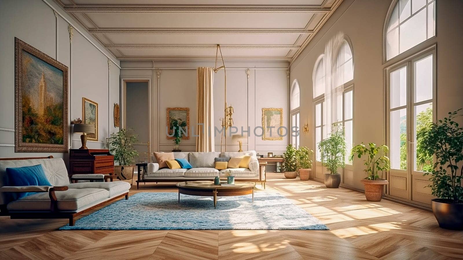 Living room interior in baroque style. Generative AI. High quality photo