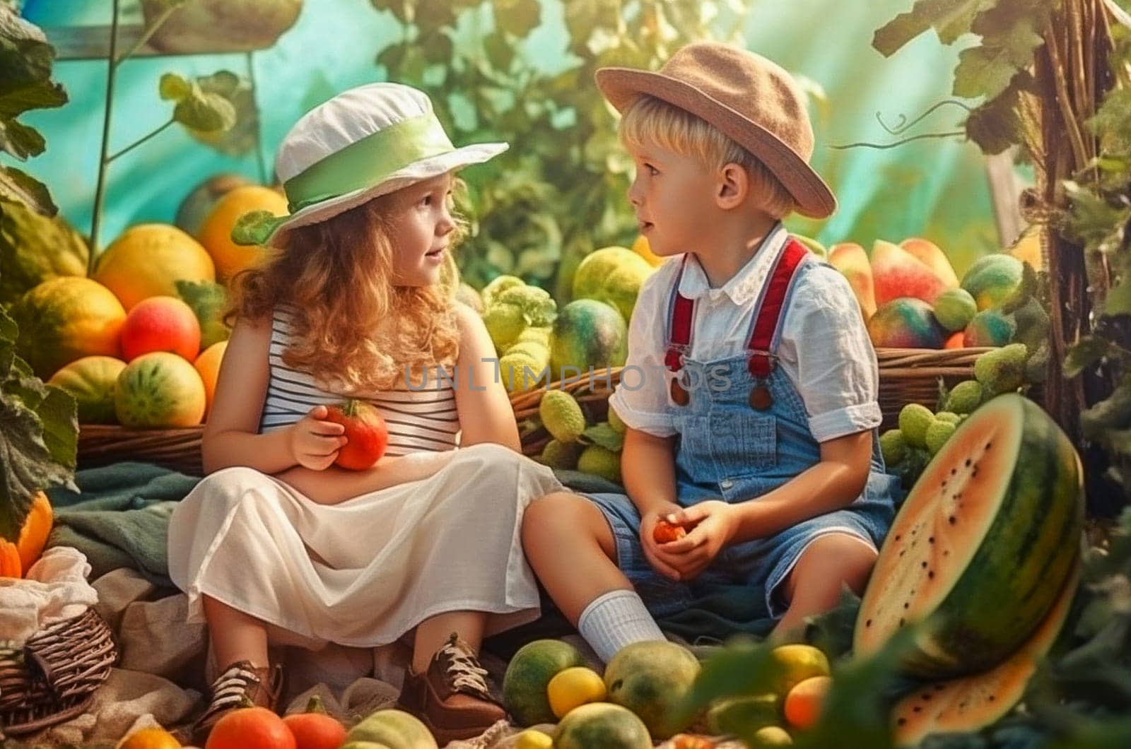 Little cheerful children sit around vegetables and fruits at the harvest festival. Generative AI. High quality illustration