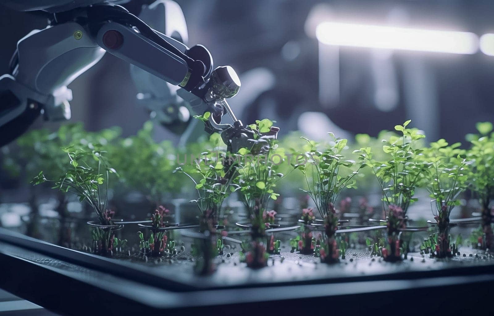 An automated robot crosses the stems of plants. Generative AI. High quality illustration