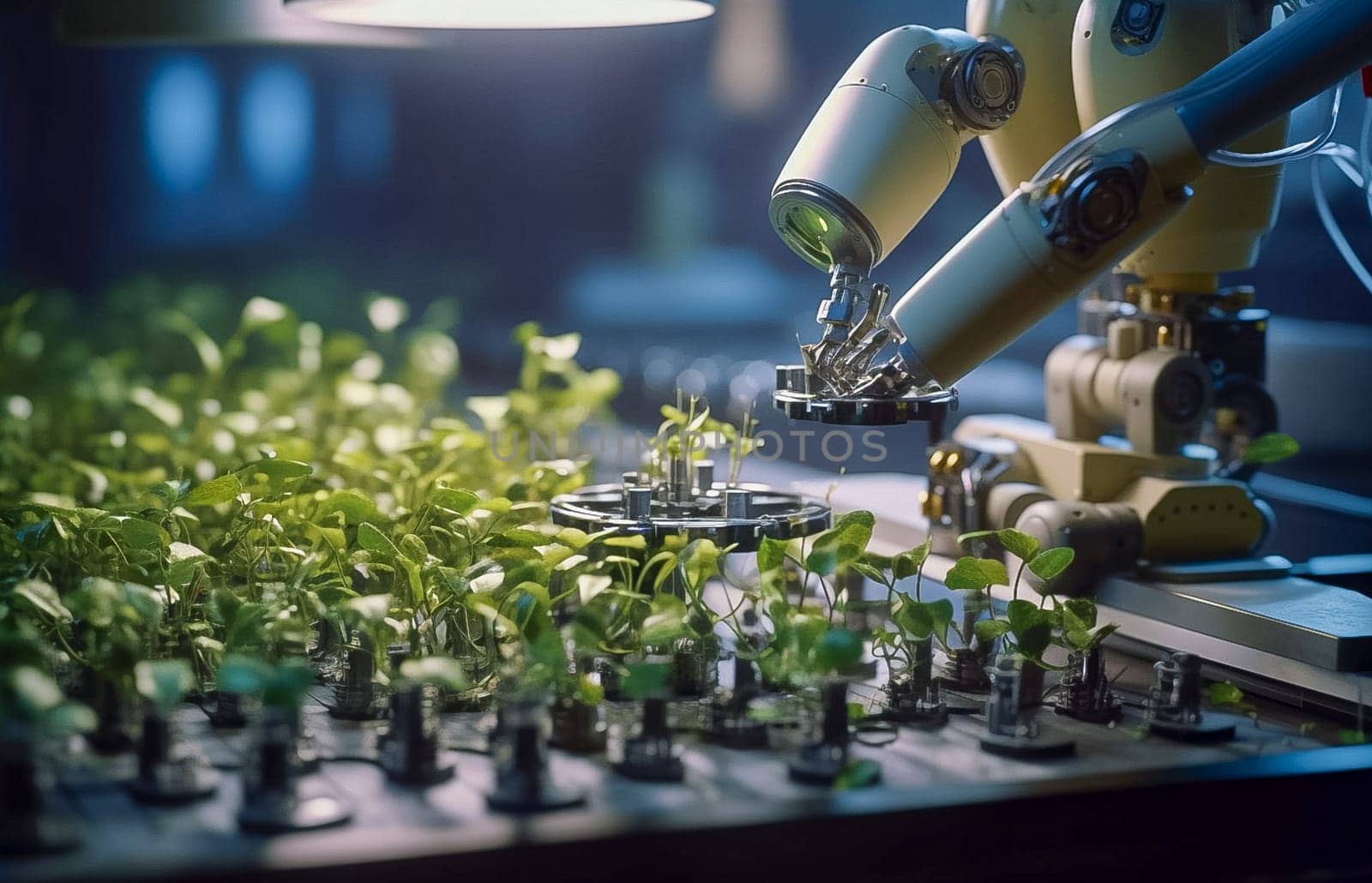 An automated robot crosses the stems of plants. Generative AI by Yurich32