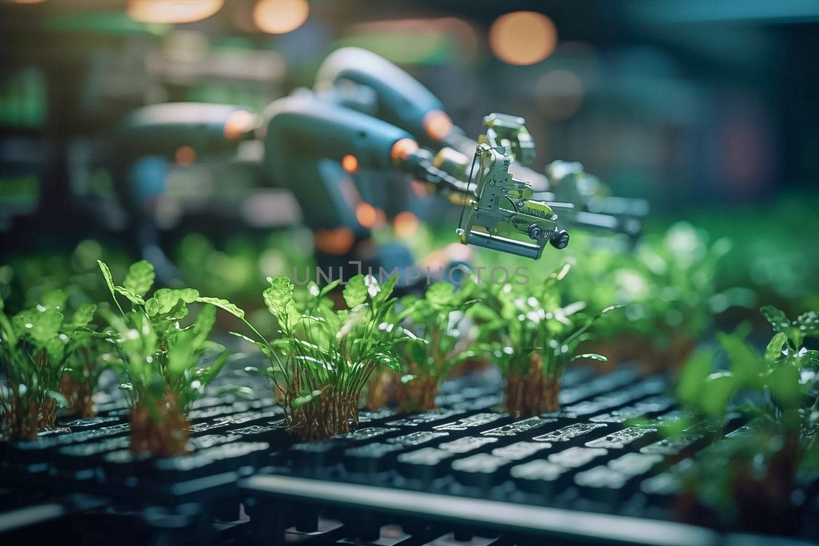 An automated robot crosses the stems of plants. Generative AI. High quality illustration