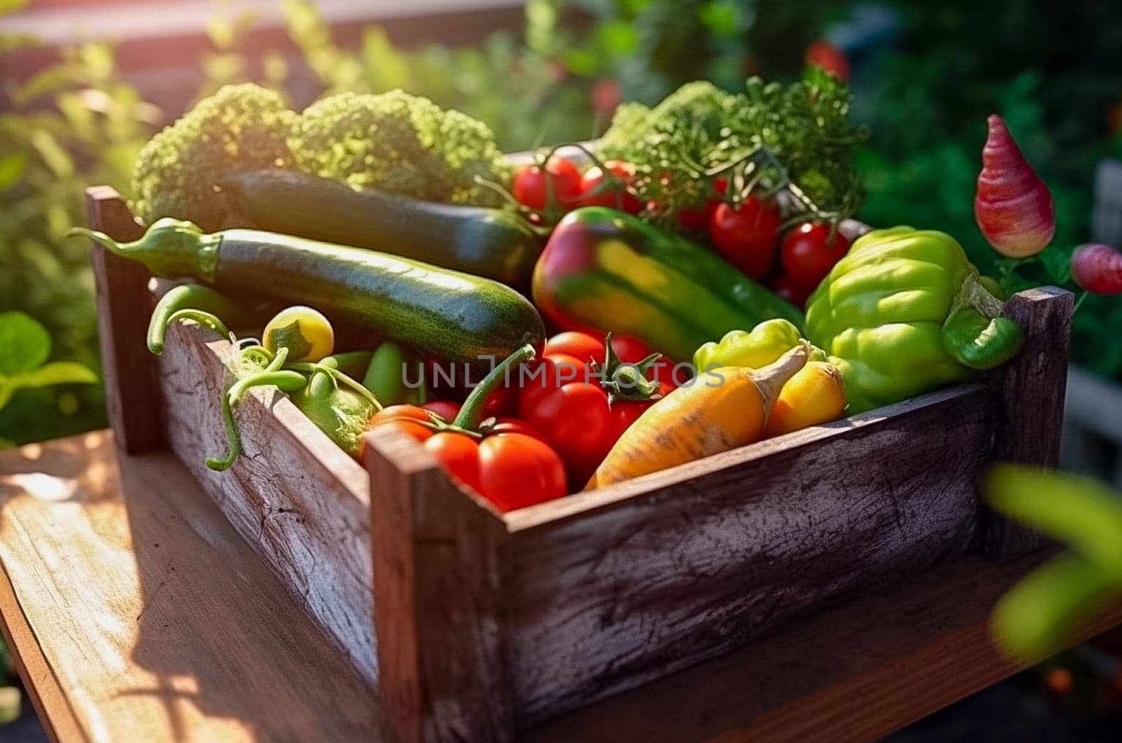 Wooden box full of vegetables. Harvest cucumbers, peppers, zucchini, cabbage, tomatoes. Generative AI High quality photo