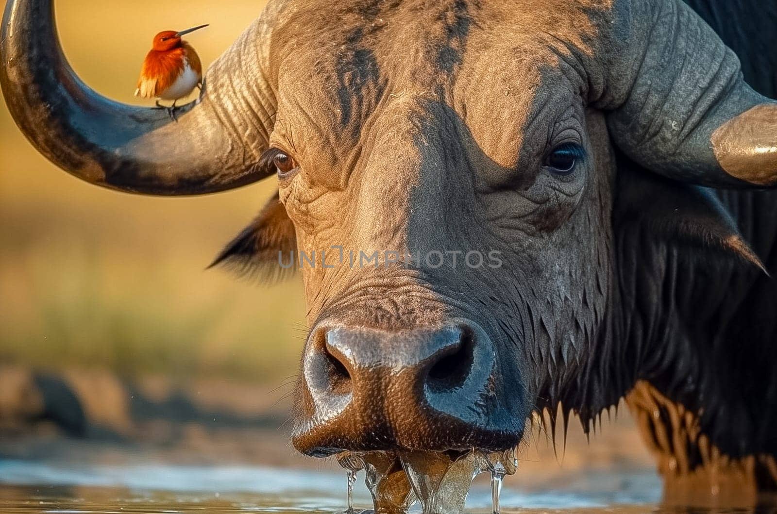 A buffalo drinks water at a watering hole, a bird is nearby, close-up. Generative AI. High quality photo