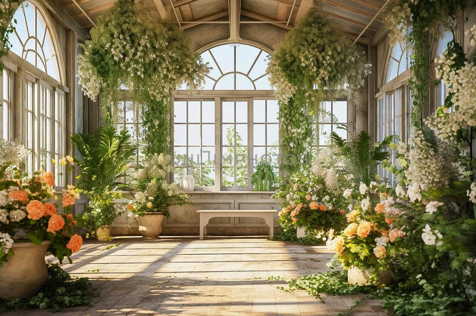 Greenhouse of green plants and flowers. Generative AI. High quality illustration