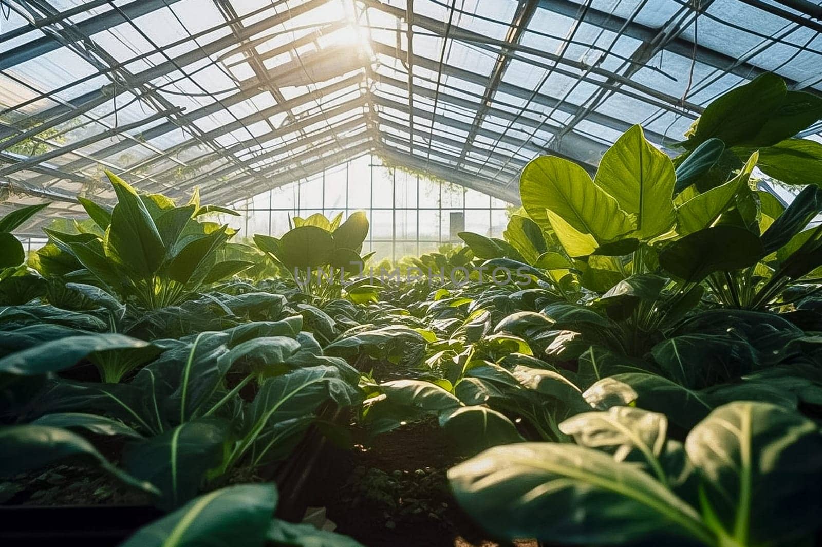 Greenhouse of green plants and flowers. Generative AI. High quality illustration