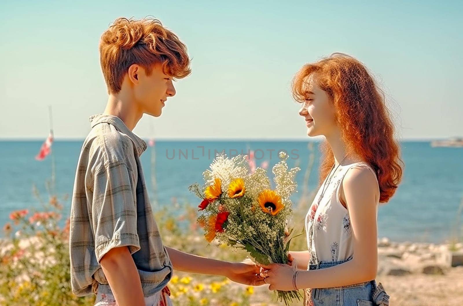 The boy gives the girl flowers, friendship, congratulations. Generative AI. High quality illustration