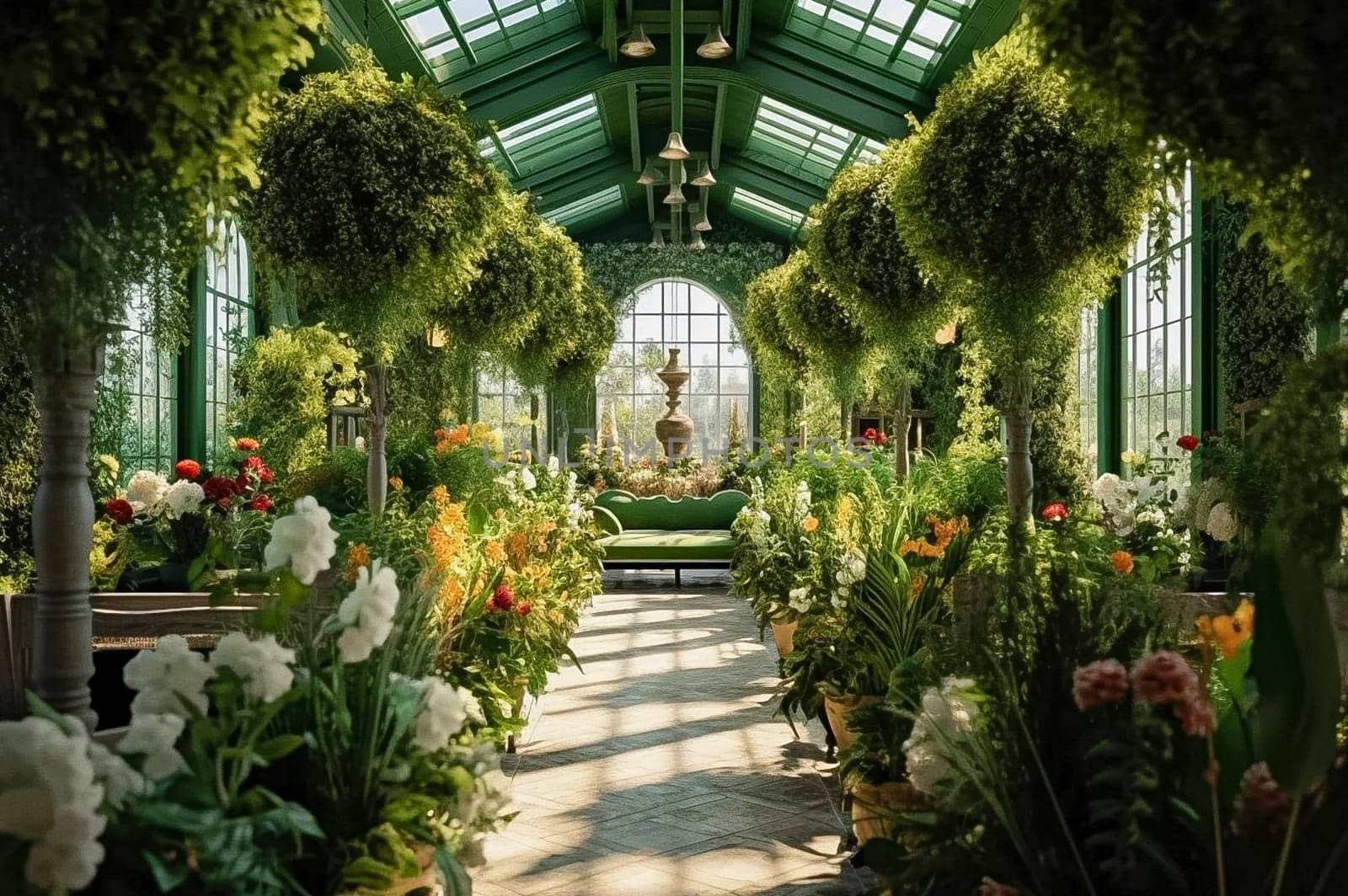 Greenhouse of green plants and flowers. Generative AI. High quality illustration