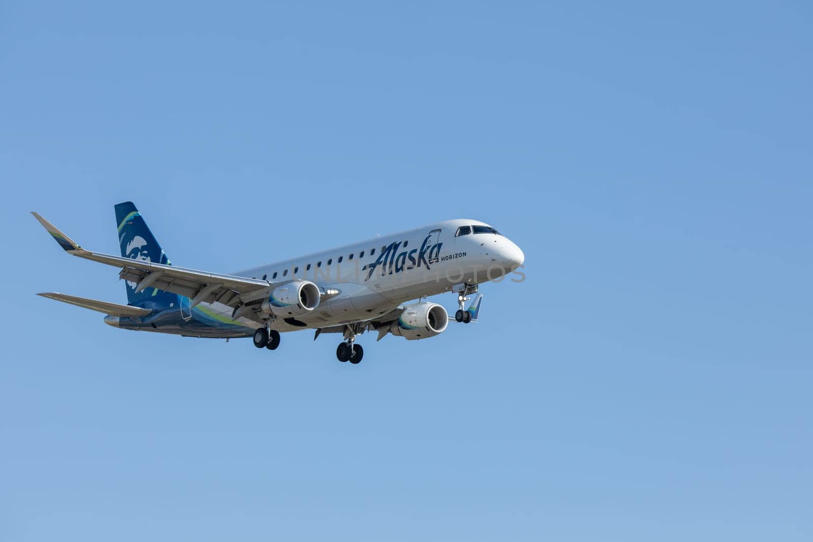 BOISE, IDAHO - May 23, 2023: Alaska Airlines flight operated by Horizon landing at the Boise airport