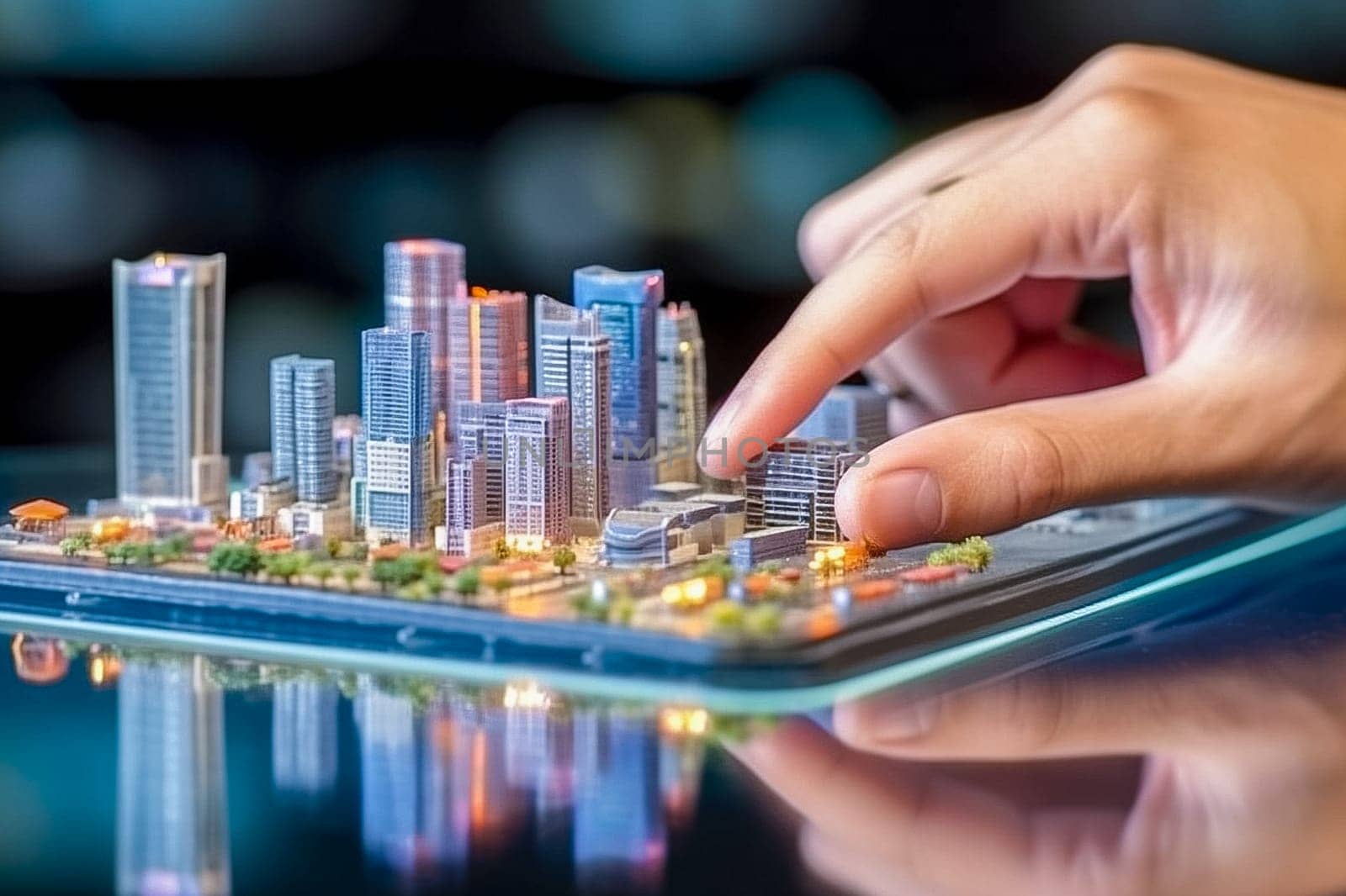 City project hologram on a smartphone in 3D. Generative AI by Yurich32