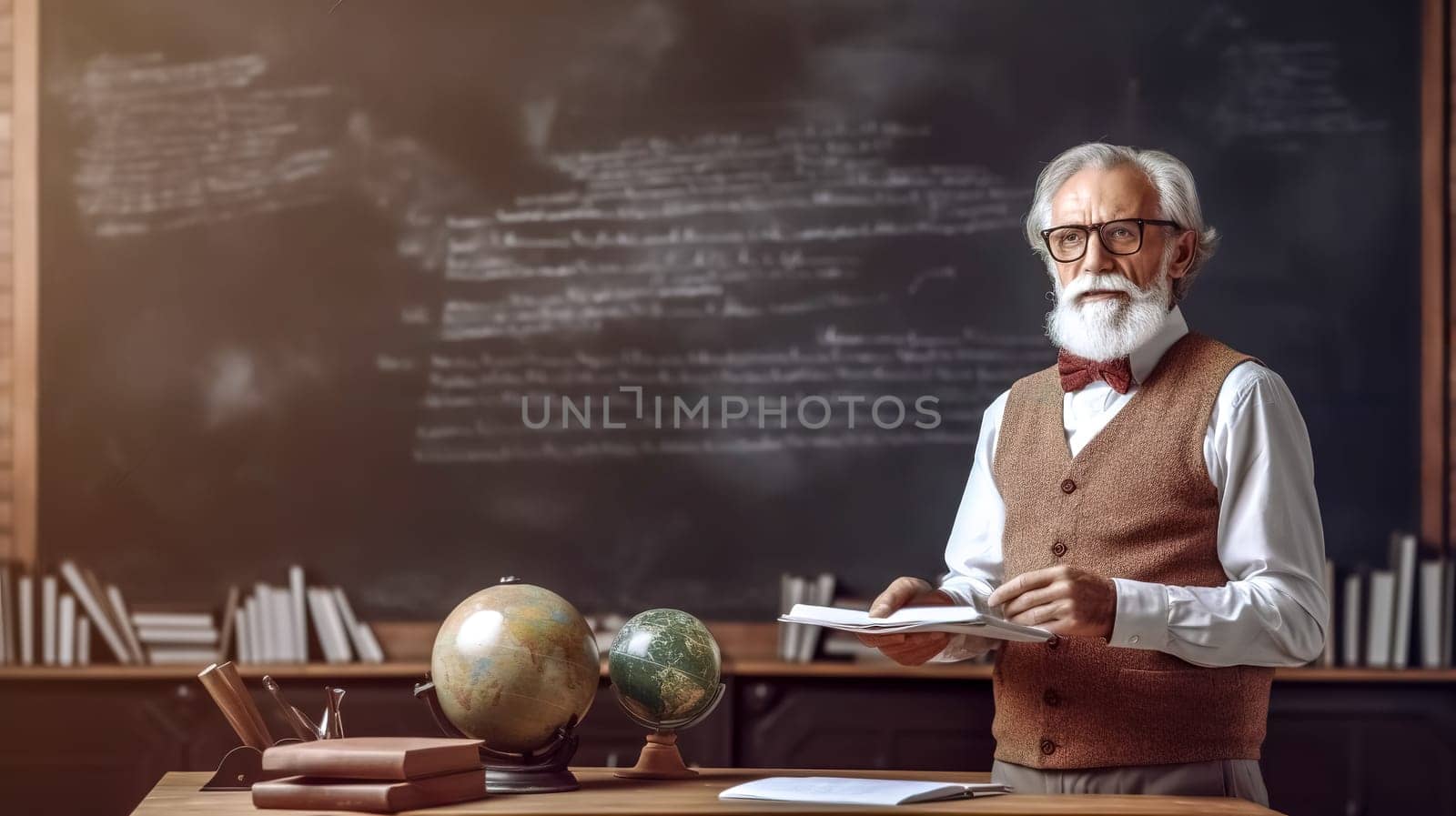 a gray haired professor at the science department of the university gives a lecture about life on earth, made with Generative AI. High quality illustration