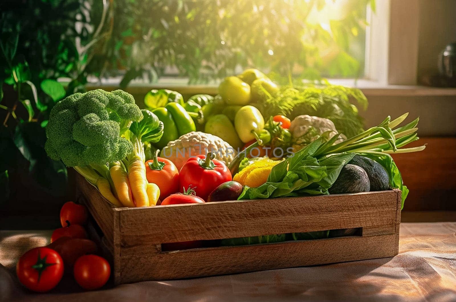 Wooden box full of vegetables. Harvest cucumbers, peppers, zucchini, cabbage, tomatoes. Generative AI High quality photo