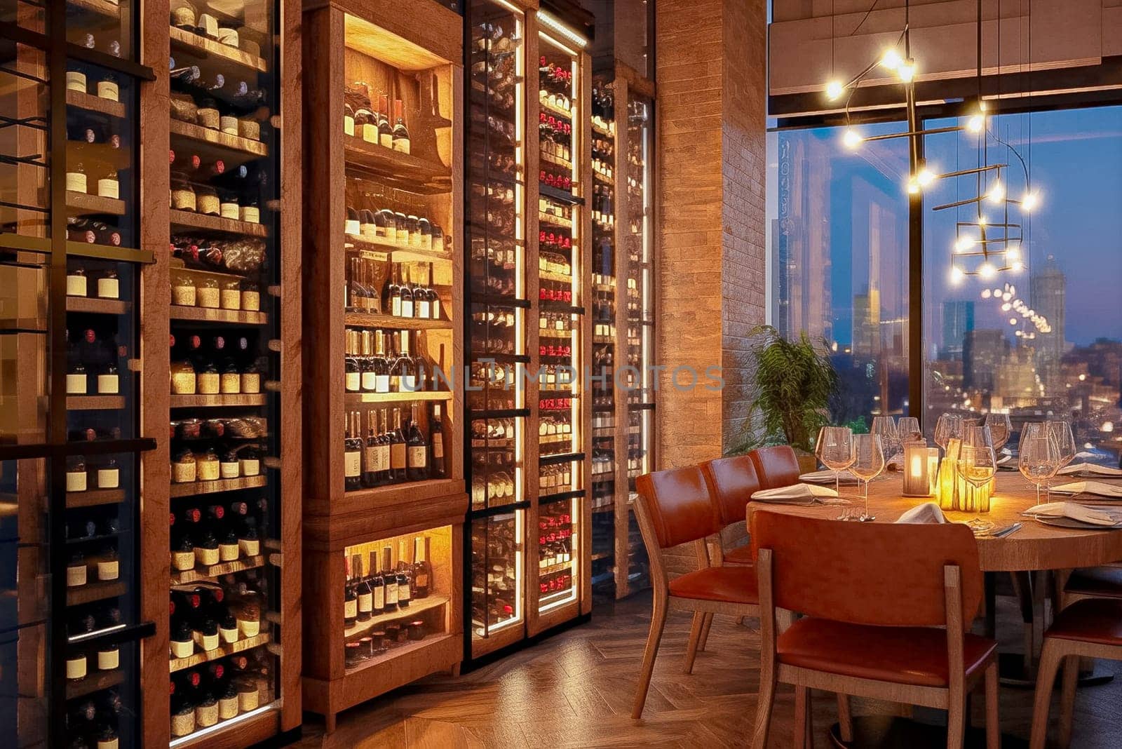 Wine rack in a restaurant. Generative AI. High quality photo
