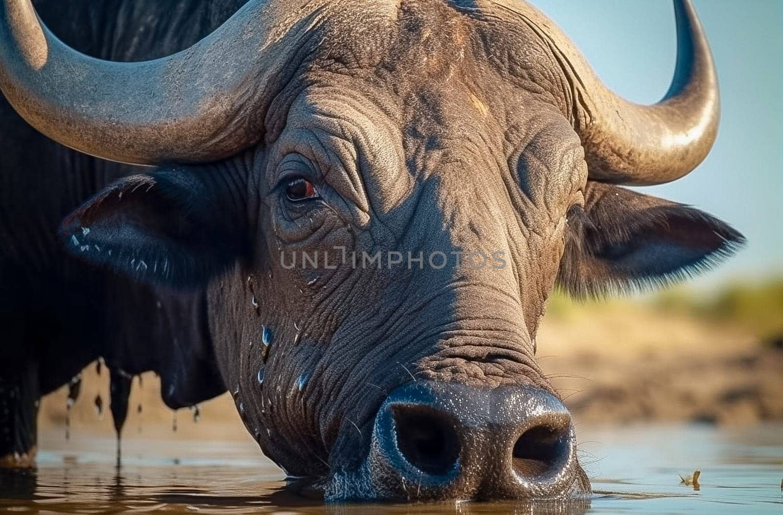 A buffalo drinks water at a watering hole, close-up. Generative AI. High quality photo