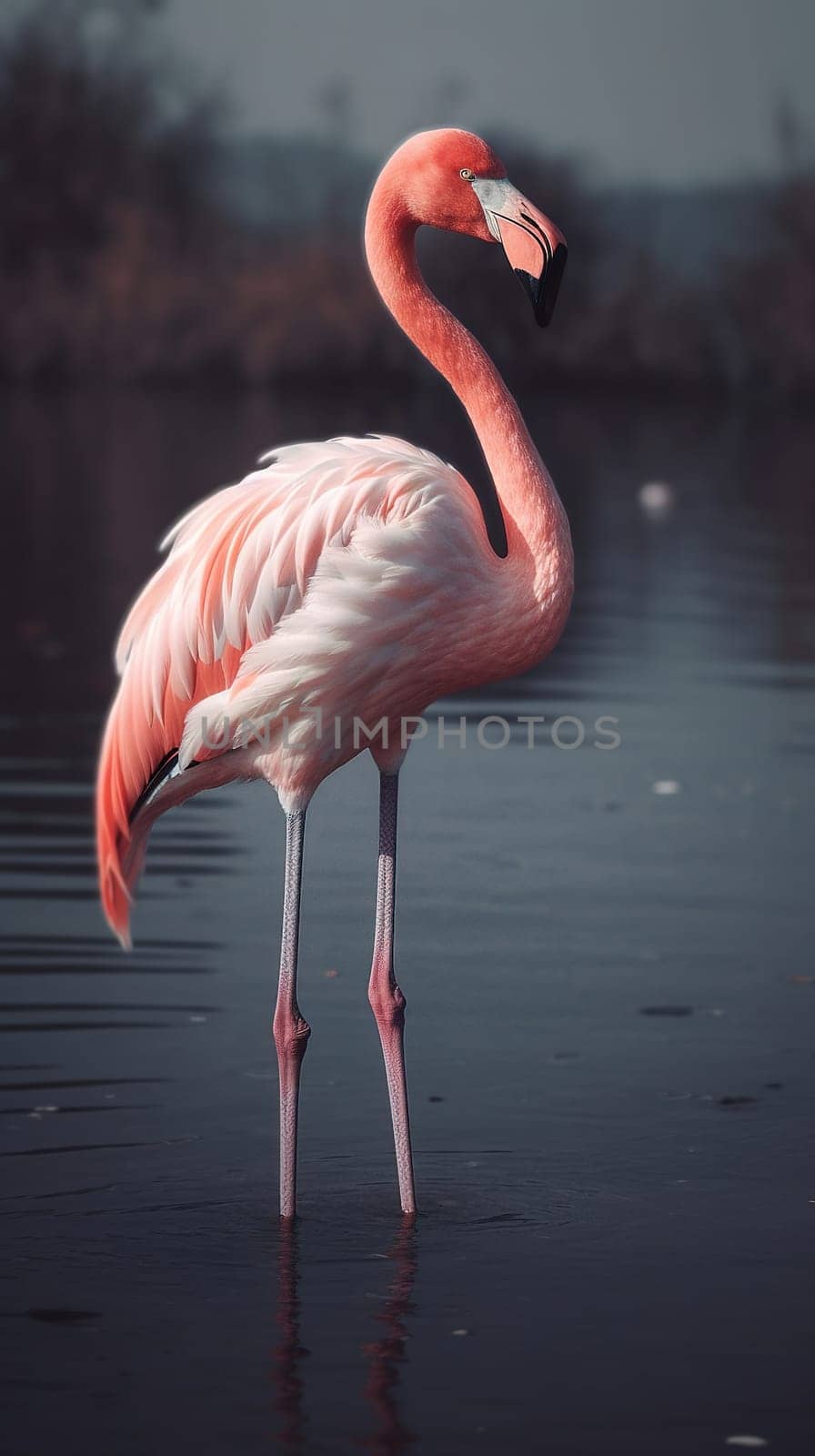 A pink flamingo stands in the water. Close-up. Generative AI.