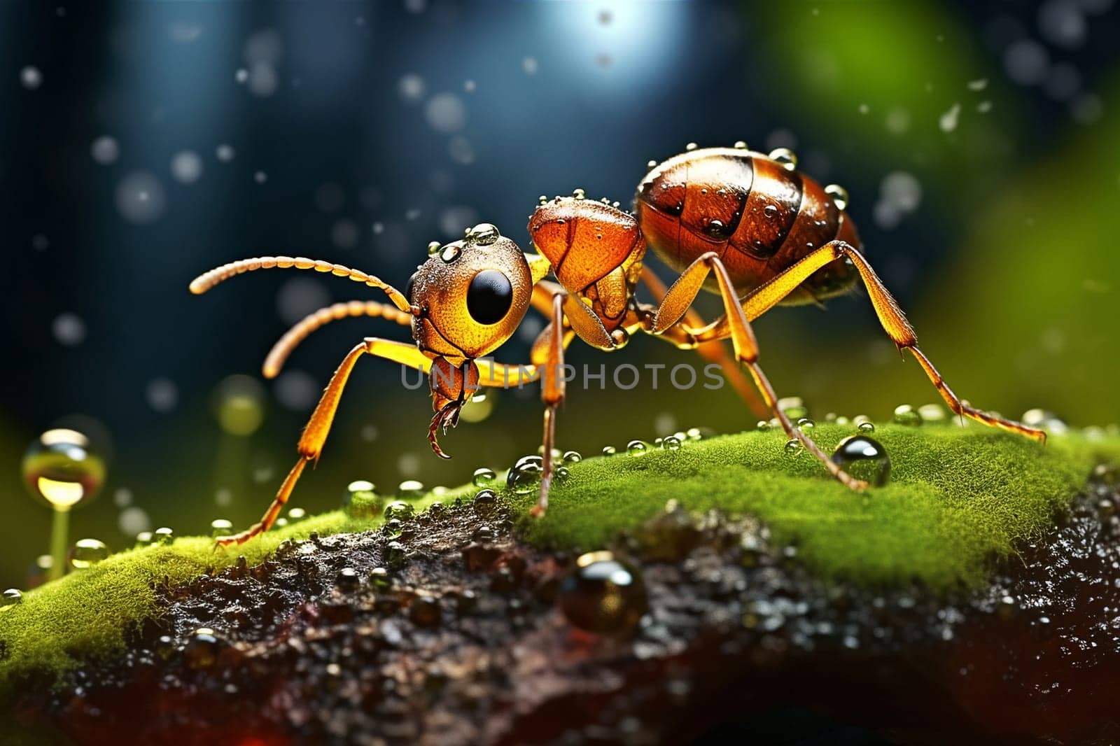 Ant on a tussock with moss and dew, close-up. Macro photography. Generative AI. High quality illustration
