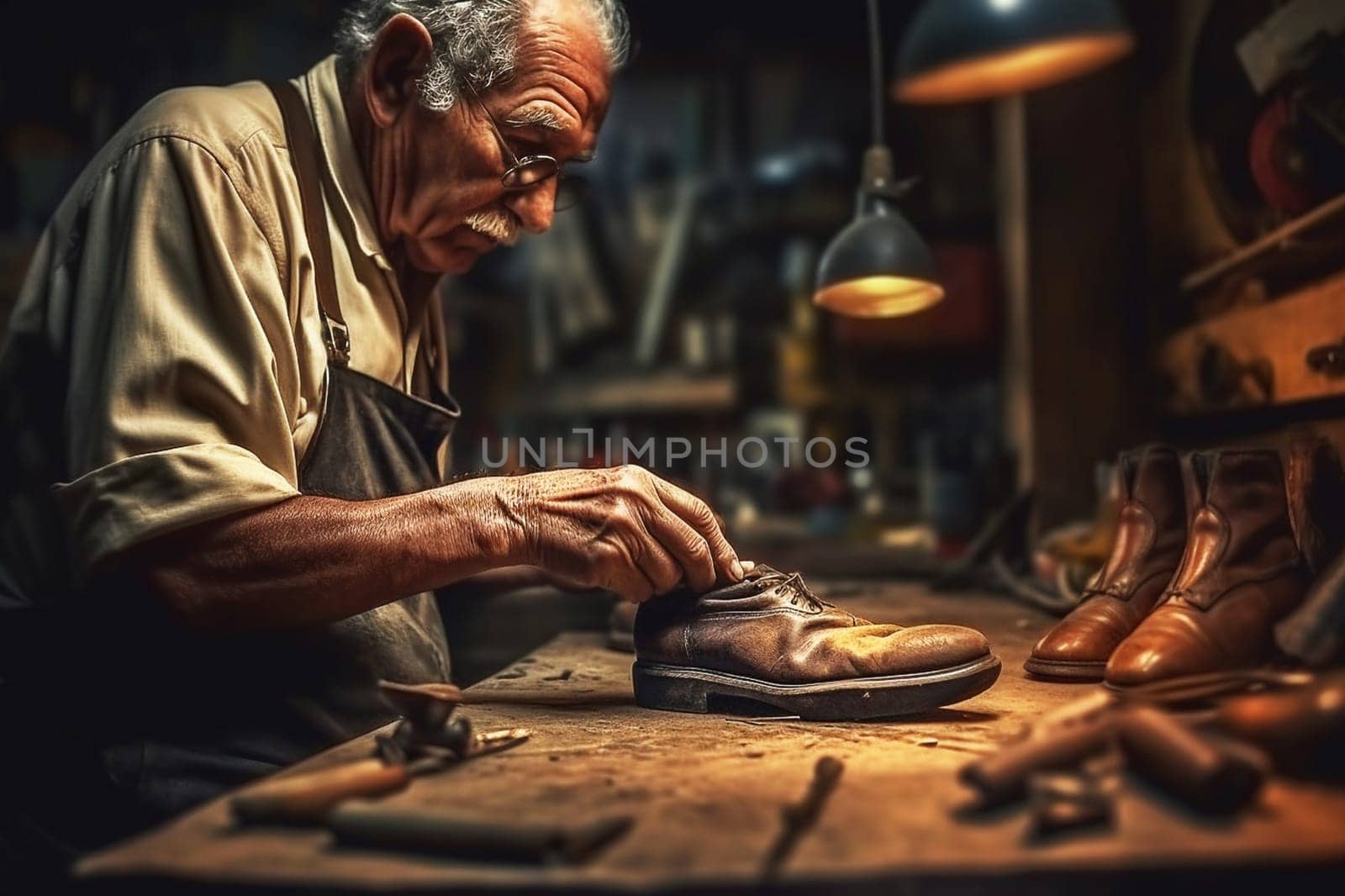 Shoemaker repairs shoes in the workshop. Close-up. Generative AI. High quality illustration