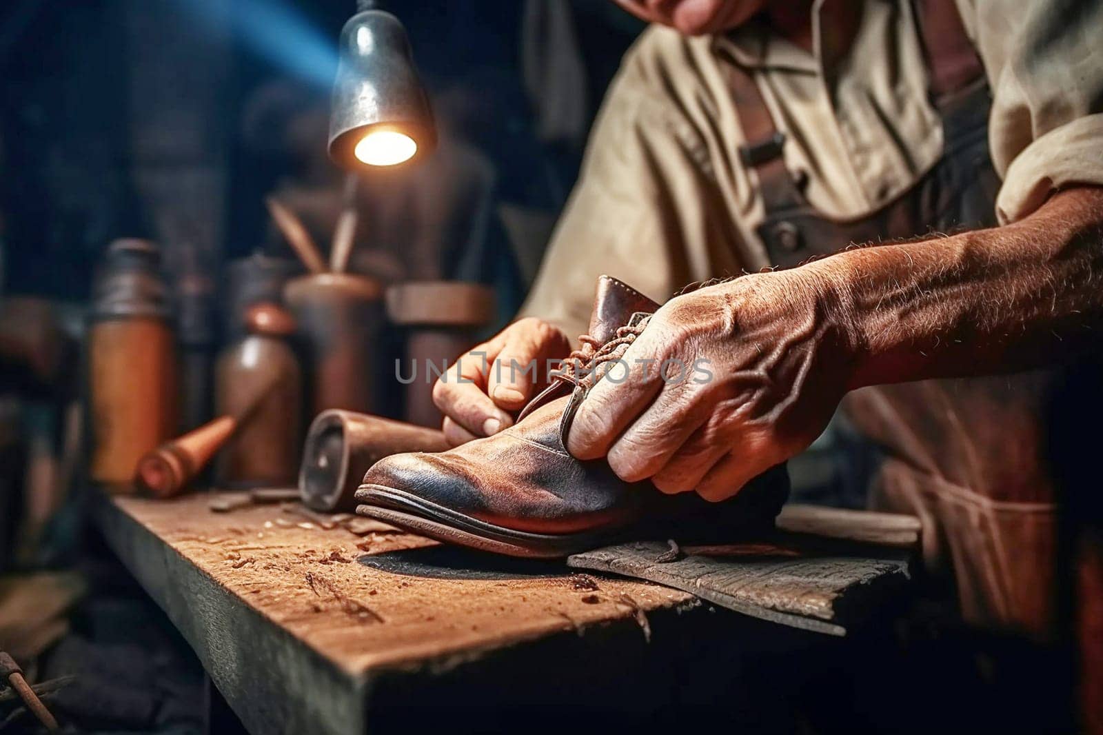 Shoemaker repairs shoes in the workshop. Close-up. Generative AI. High quality illustration