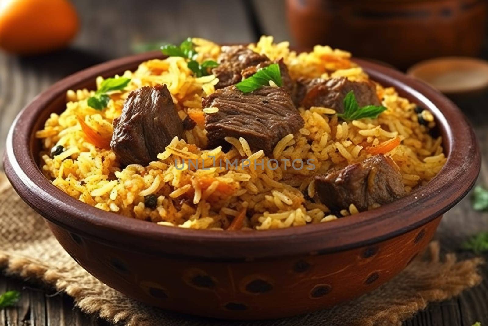 Nasi Biryani, a South Asian Indian dish of spiced rice and meat. High quality illustration