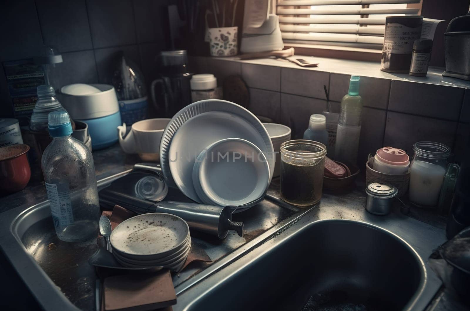 A pile of dirty dishes in the sink. Generative AI High quality illustration